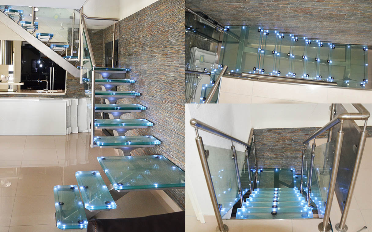 Escalier sur mesure en verre feuilleté trempé avec leds